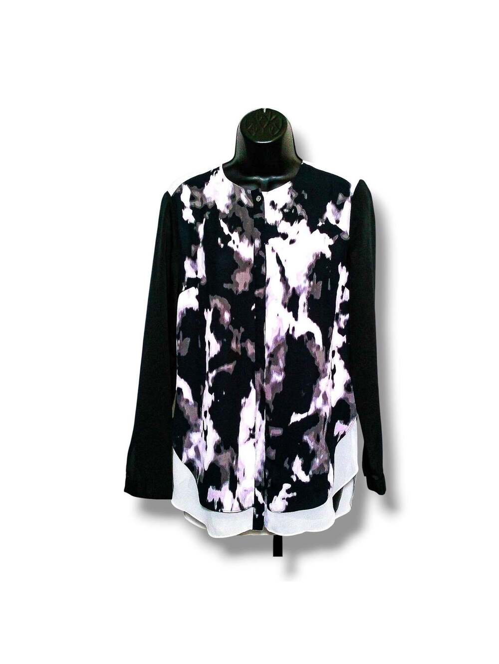 DKNYC Blouse Abstract Print Layered S Black White